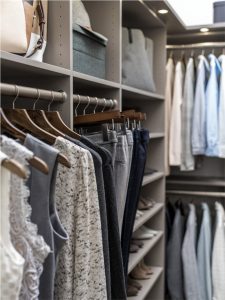 many types of clothes are hanging on the closet