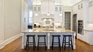 Modern kitchen with bar stools at center island